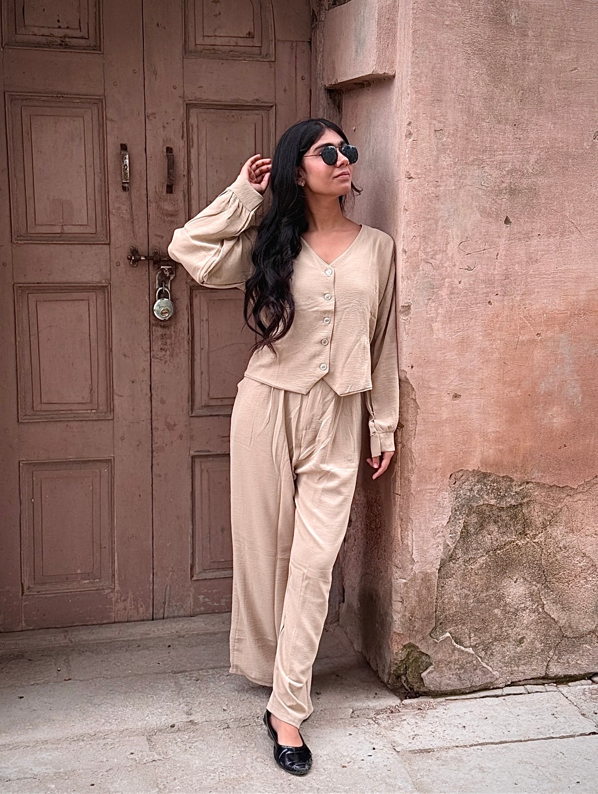 V-Neck Shirt & Wide-Leg Pants Cord Sets – Soft office look cord sets /office wear, casual wear