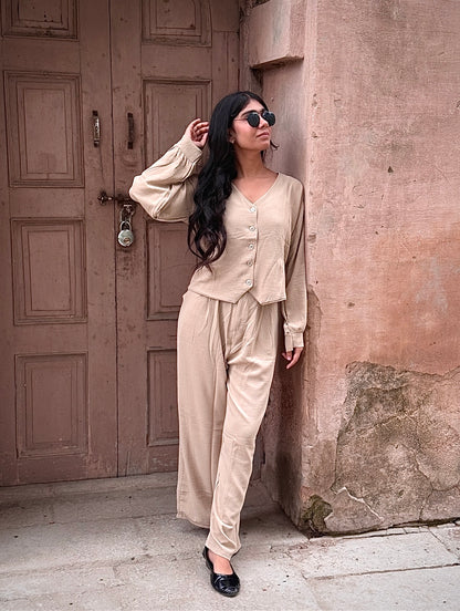 V-Neck Shirt & Wide-Leg Pants Cord Sets – Soft office look cord sets /office wear, casual wear