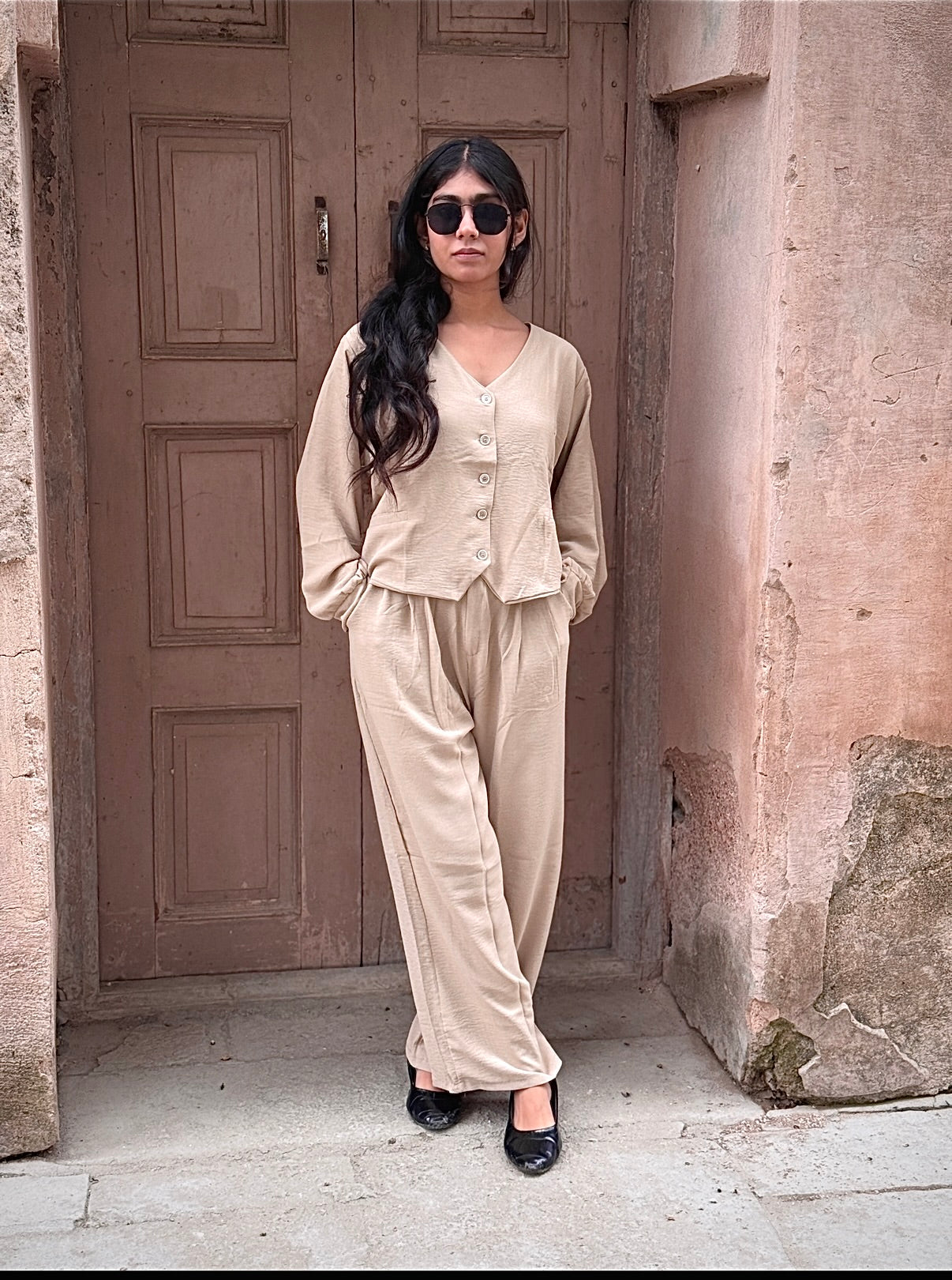 V-Neck Shirt & Wide-Leg Pants Cord Sets – Soft office look cord sets /office wear, casual wear