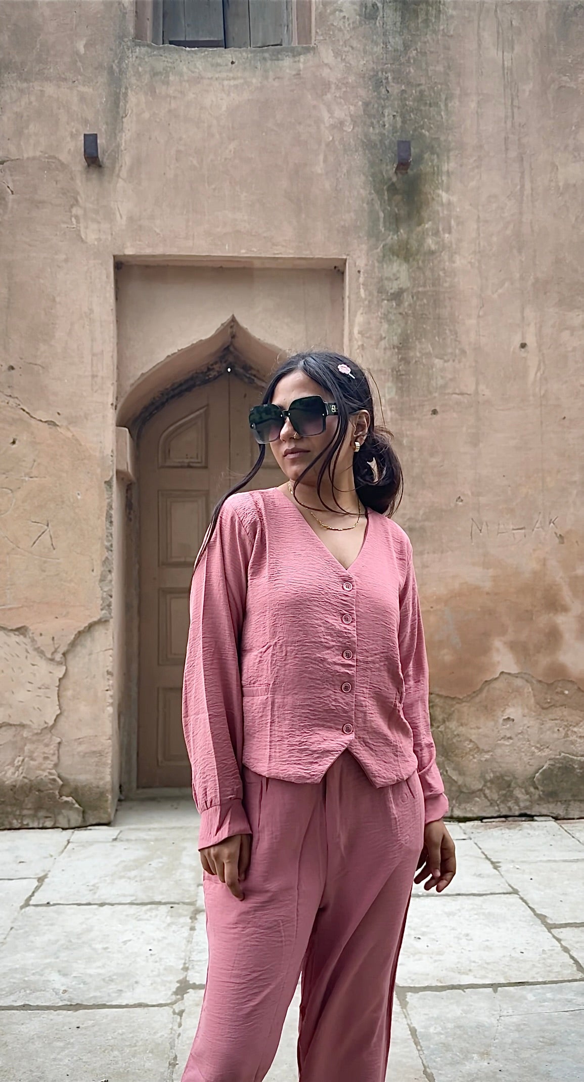 V-Neck Shirt & Wide-Leg Pants Cord Sets – Soft office look cord sets /office wear, casual wear