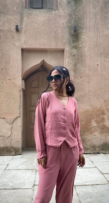 V-Neck Shirt & Wide-Leg Pants Cord Sets – Soft office look cord sets /office wear, casual wear