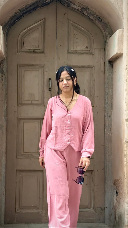 V-Neck Shirt & Wide-Leg Pants Cord Sets – Soft office look cord sets /office wear, casual wear