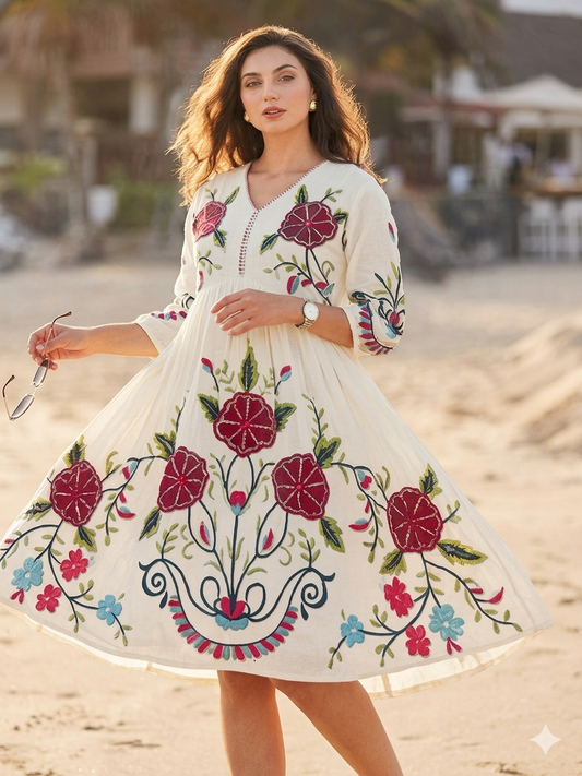 Elegant Floral Embroidered Flared One piece– Off White Cotton Blend
