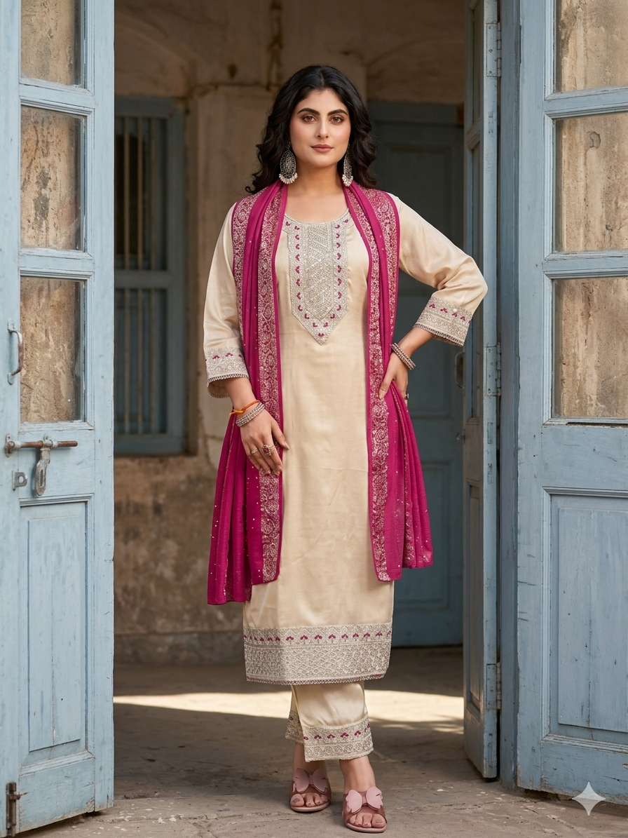 Elegant Embroidered Kurta Set with Dupatta for Women | Straight Fit Traditional Ethnic Wear