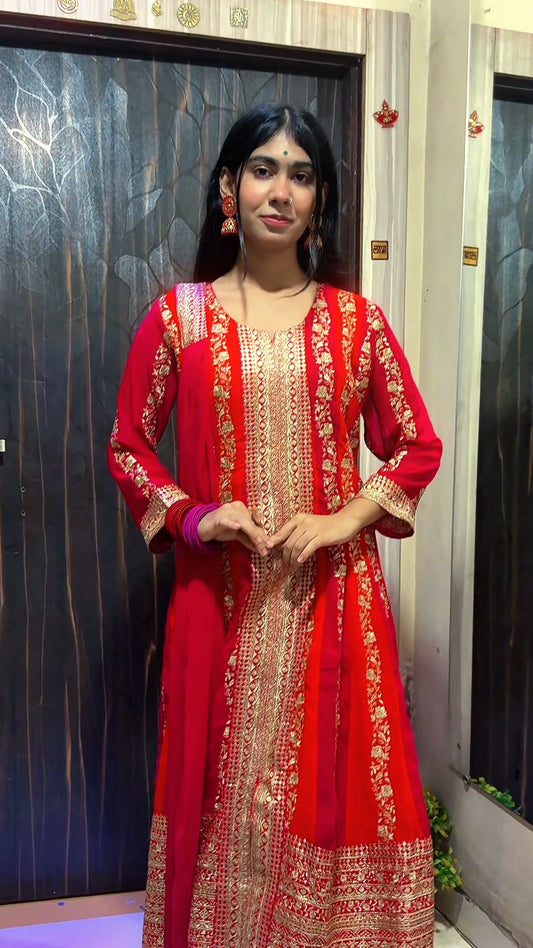 "Laal Rangrez" Traditional Embroidered Kurta & Palazzo Set – Red Royalty