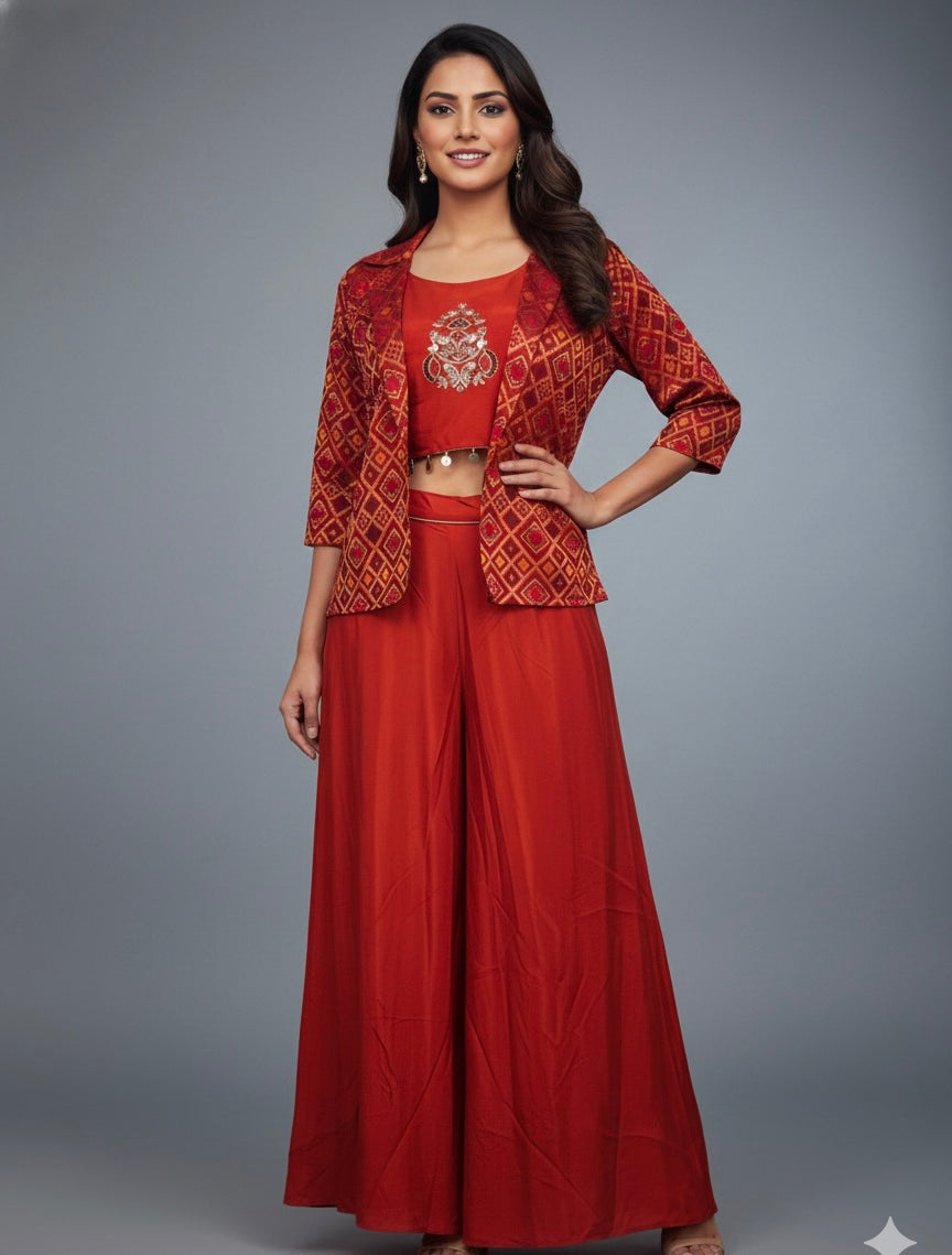 Rust Crimson Embroidered Shrara Set with Geometric Printed Jacket