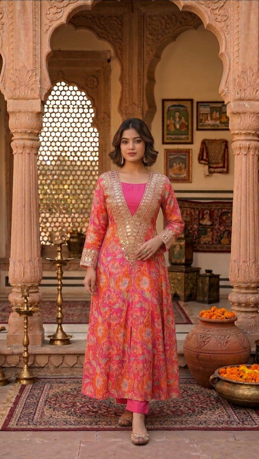 Gulnaar Pink Floral Embroidered Anarkali Kurta Set