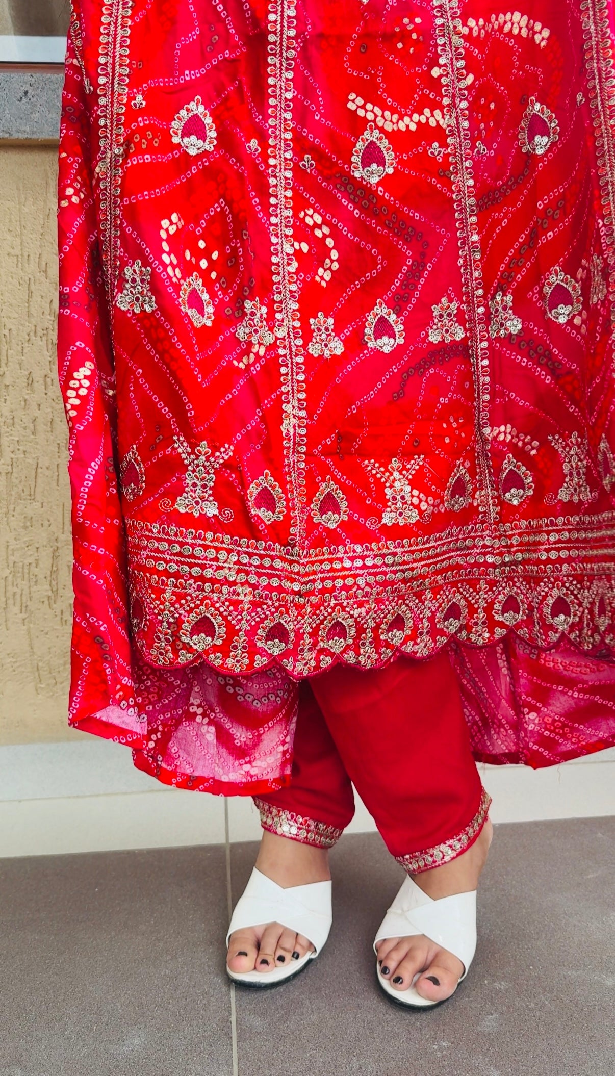 Rani Red Bandhej Mirror Work Anarkali Suit | Festive Ethnic Elegance