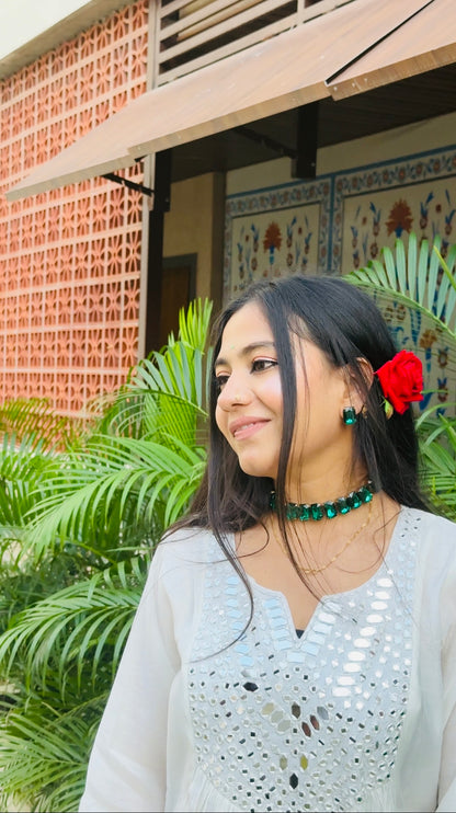 🤍 White Serenity Mirror-Work Anarkali Suit