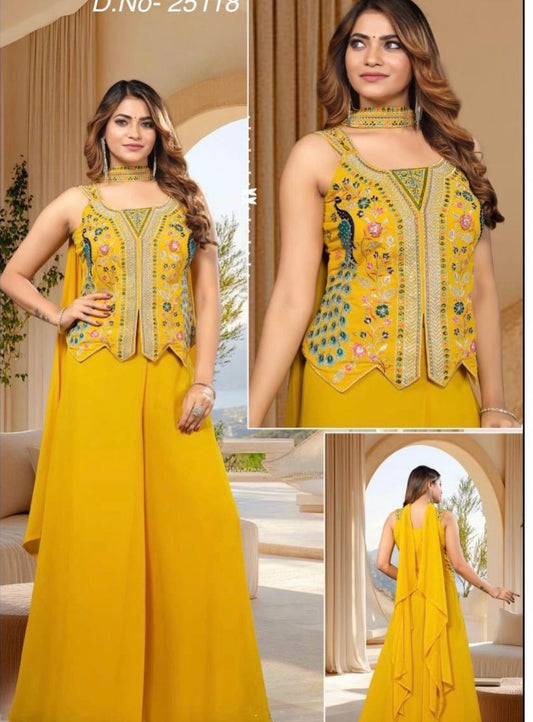 Mustard Yellow Embroidered Sharara Set with Choker Neck Kurti & Dupatta