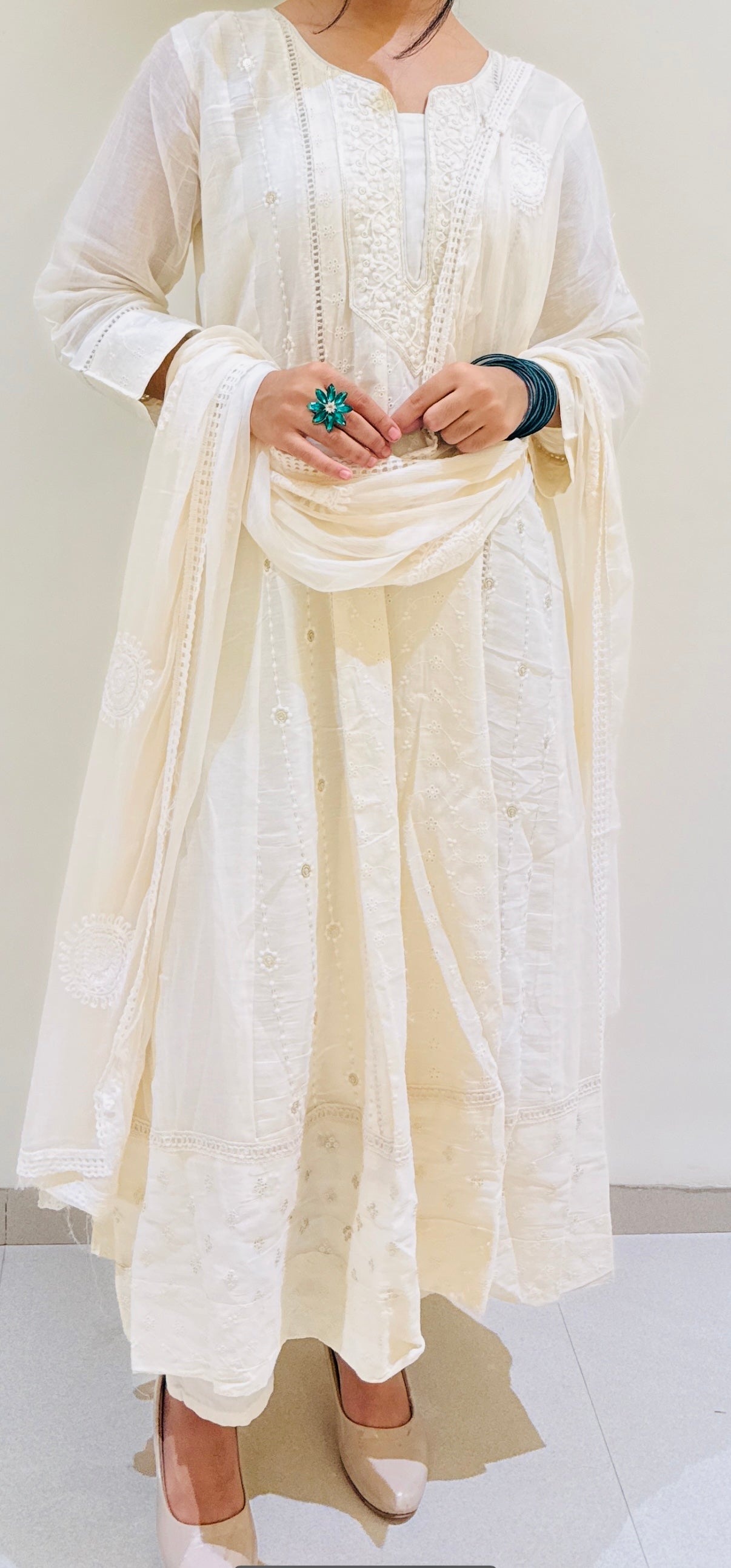 ✨ Elegant Off-White Chikankari Anarkali Set | Timeless Ethnic Charm