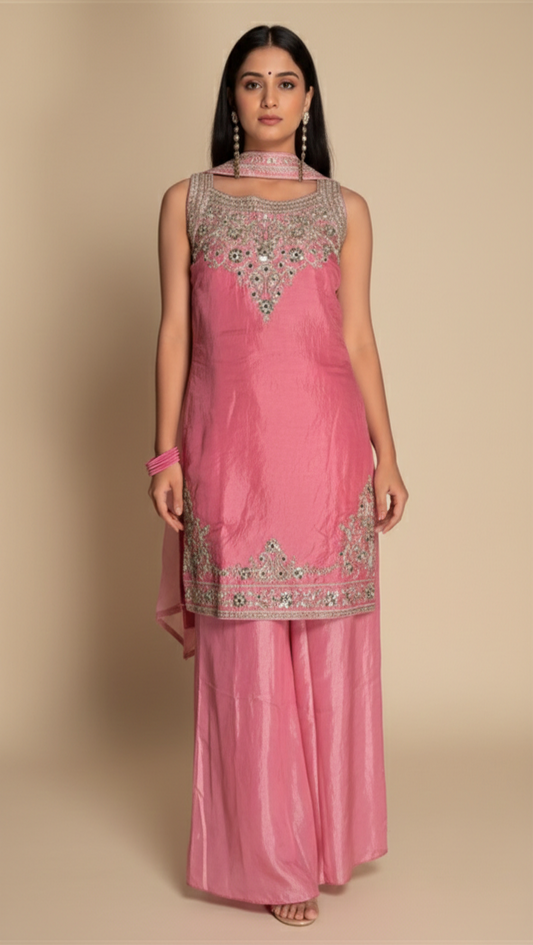 Blush Pink Embroidered Shrara Set with Dupatta – Elegant Festive Wear for Women
