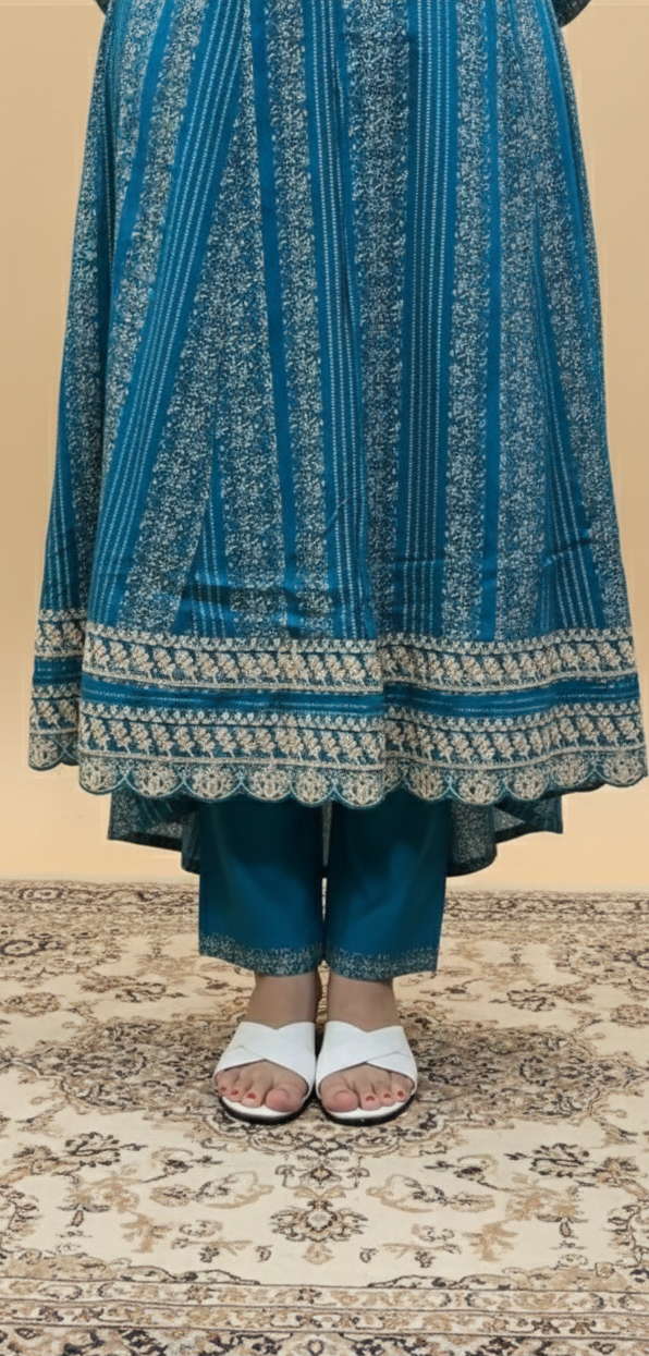 Royal Teal Blue Anarkali Suit with Heavy Yoke Embroidery