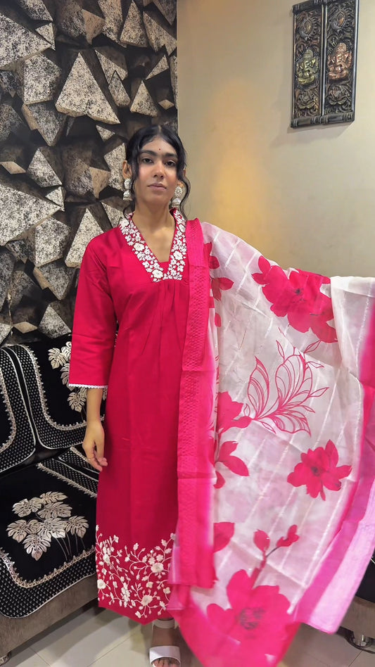 "Gulabi Noor" Embroidered Anarkali Kurta Set with Dupatta – Pink & White Elegance