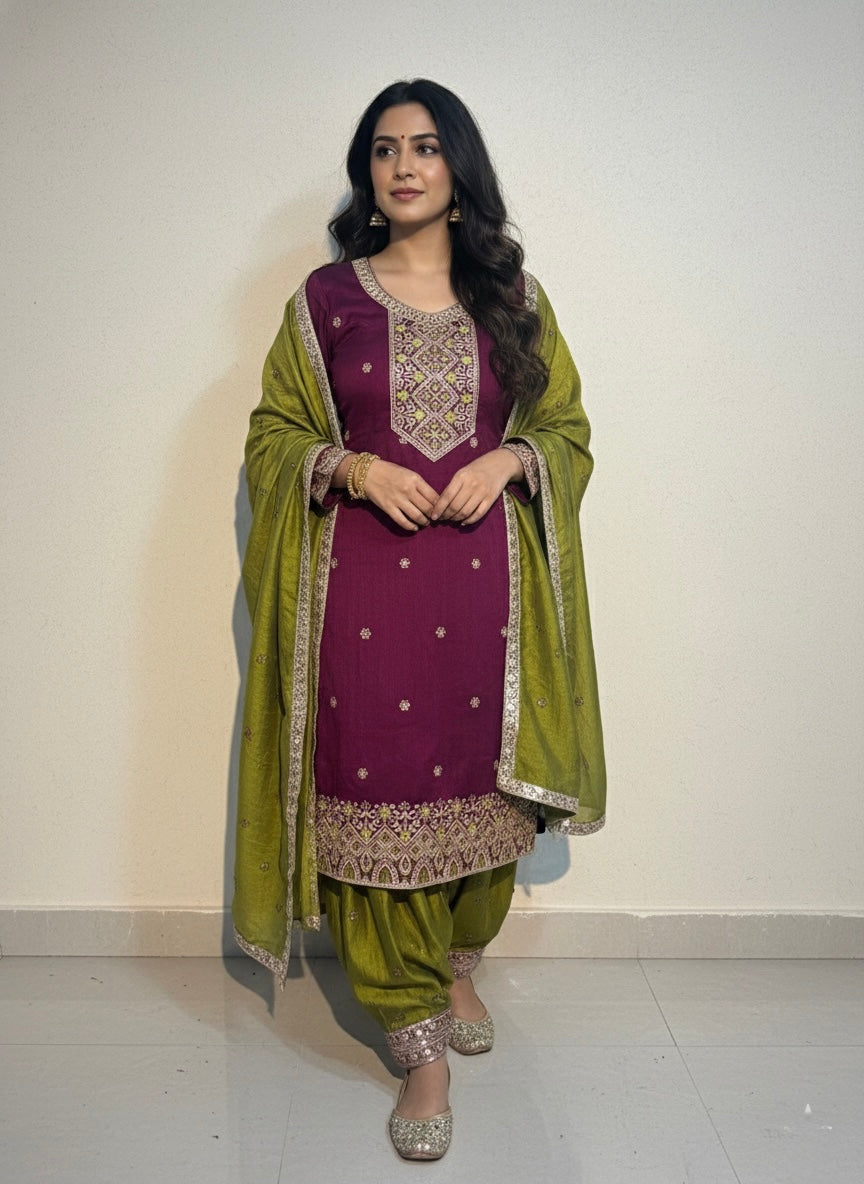 Plum & Olive Green Embroidered Salwar Kameez Set with Gota Patti Accents