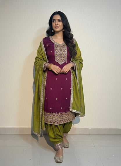 Plum & Olive Green Embroidered Salwar Kameez Set with Gota Patti Accents