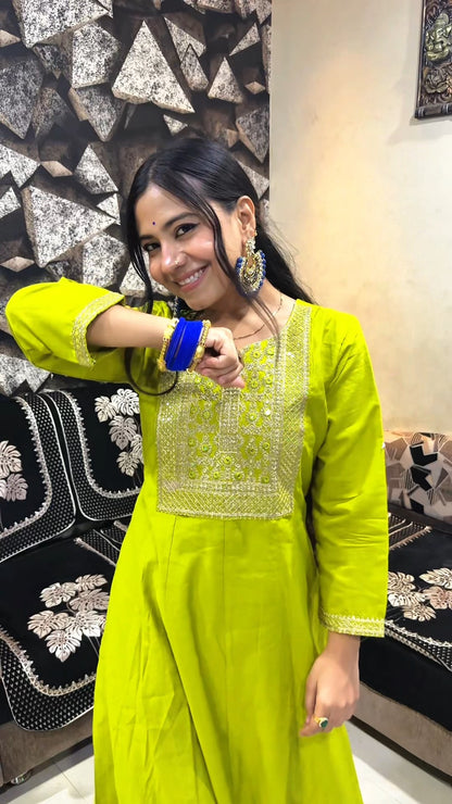 Lime Glow Embroidered Anarkali Set with Floral Dupatta