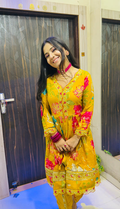 Floral Printed Cotton Short Kurti with Dhoti