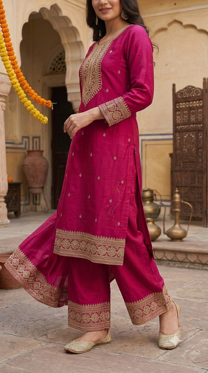 Zarika Mustard Embroidered Kurta Palazzo Set with Dupatta