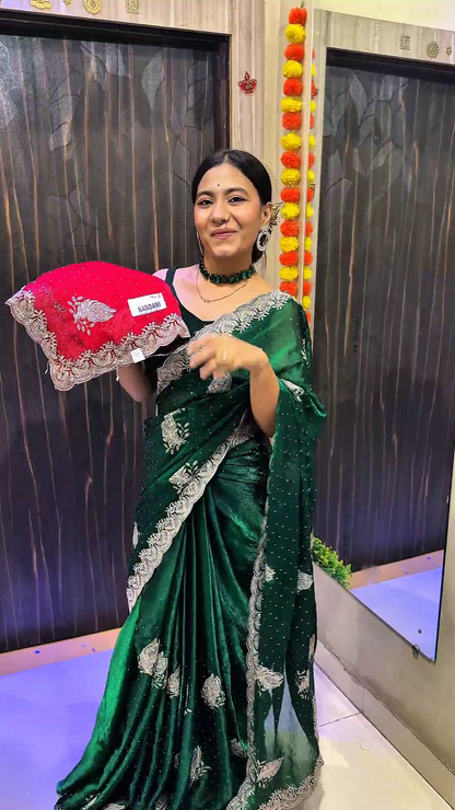 Jimmy Choo Emerald Green Designer Saree with Silver Zari Work