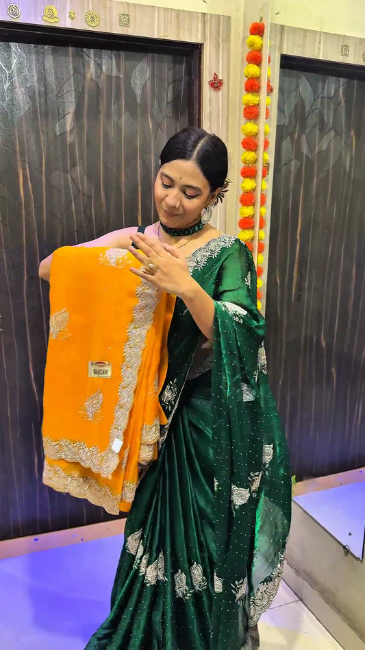 Jimmy Choo Emerald Green Designer Saree with Silver Zari Work