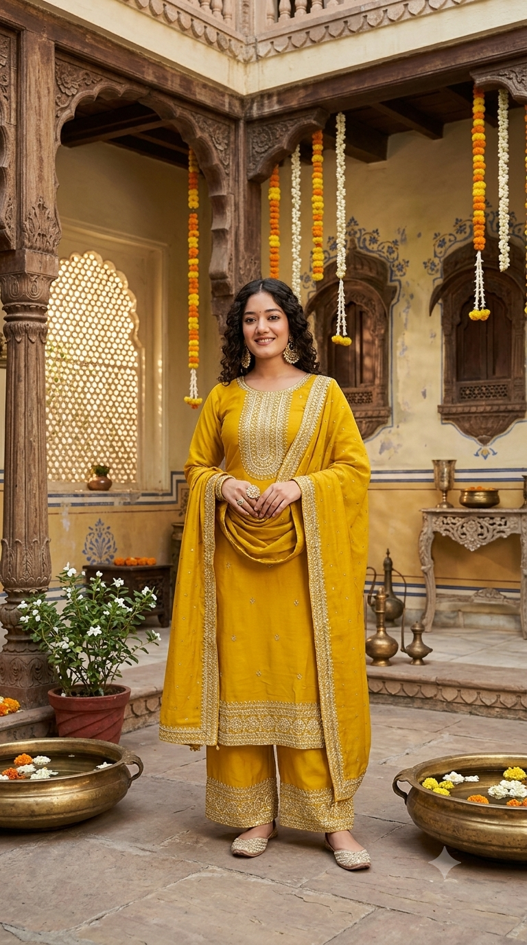 Zarika Mustard Embroidered Kurta Palazzo Set with Dupatta