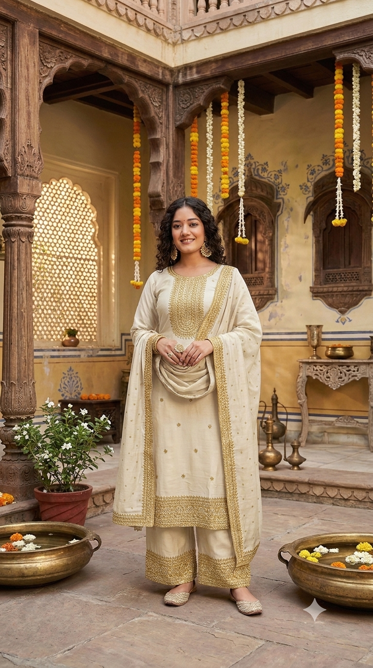 Zarika Mustard Embroidered Kurta Palazzo Set with Dupatta