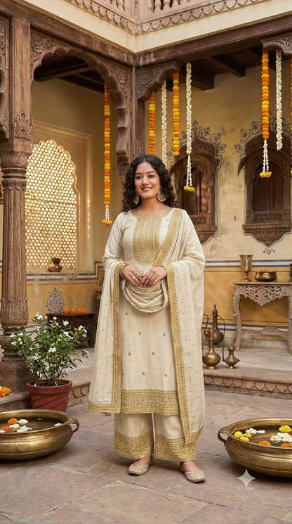 Zarika Mustard Embroidered Kurta Palazzo Set with Dupatta