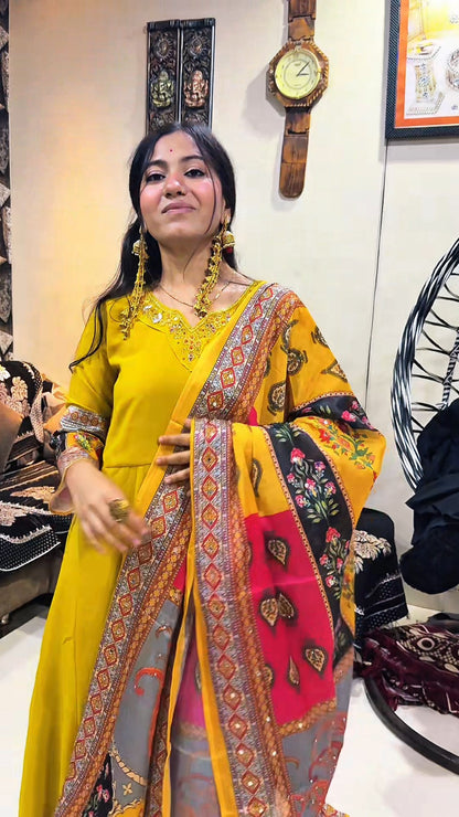 Sunshine Bloom Yellow Anarkali Set with Multicolor Printed Dupatta