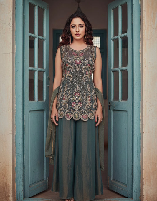 Midnight Elegance Embroidered Sharara Set