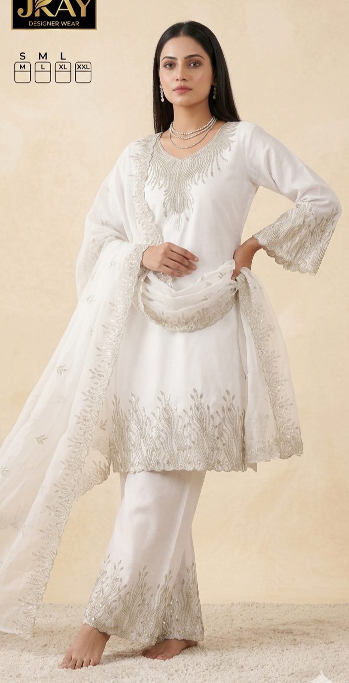 Ivory Embroidered Kurta Set with Dupatta & Straight Pants