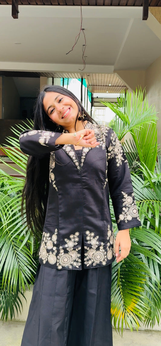 Black Embroidered Indo-Western Suit Set | Elegant Festive Jacket Style