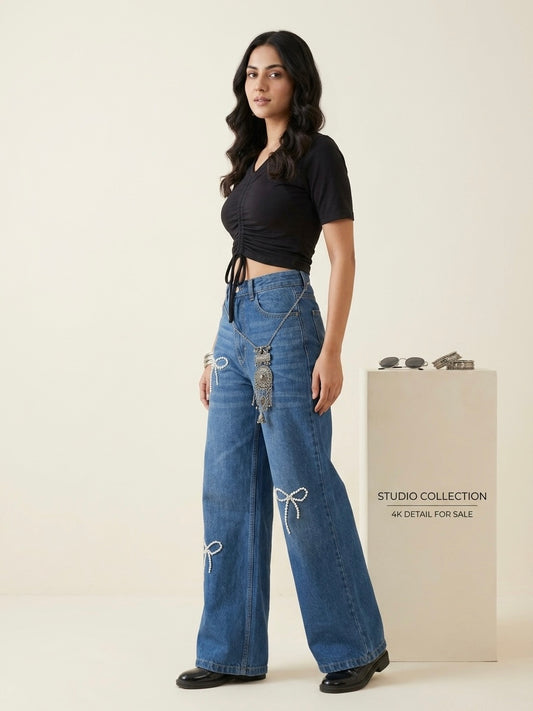 Bow-Embellished Wide-Leg Jeans in Classic Blue