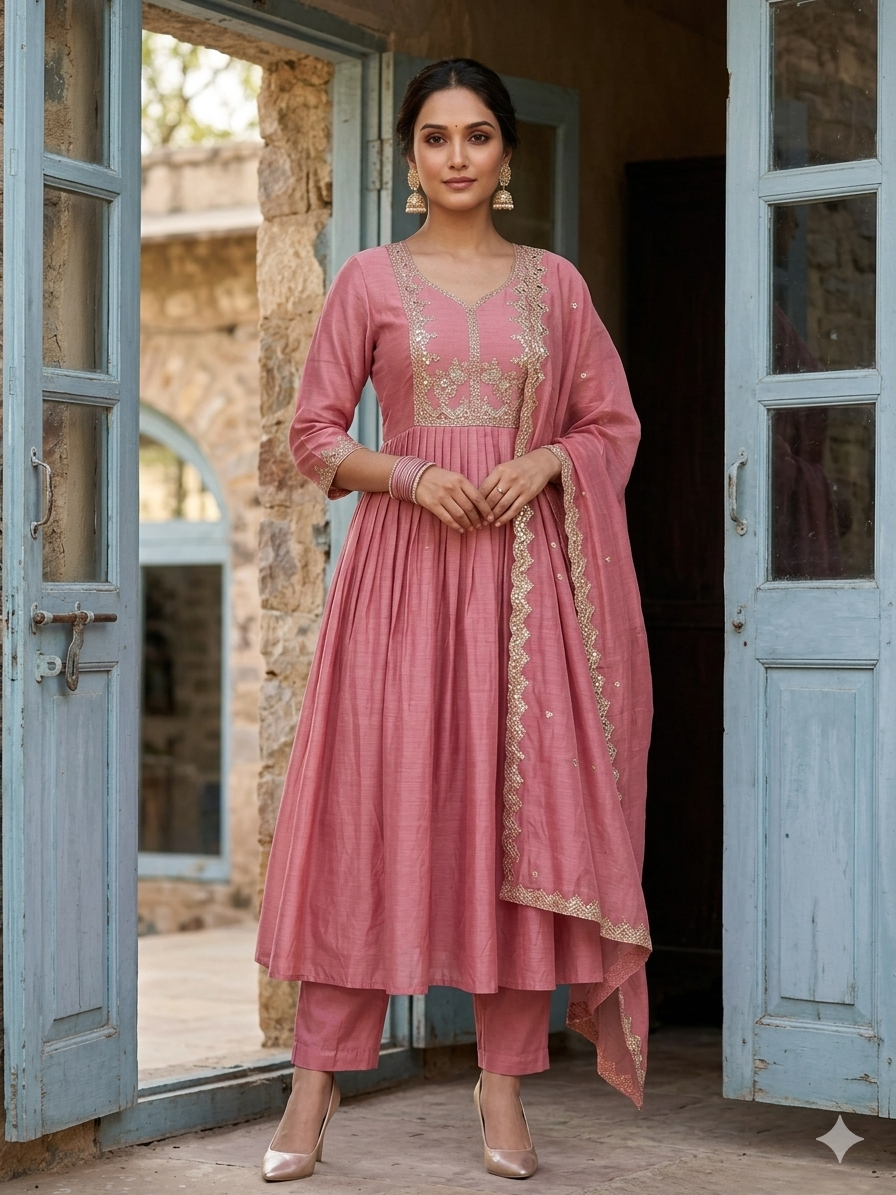Elegant Embroidered Anarkali Kurta Set with Dupatta for Women | Flared Ethnic Wear Set