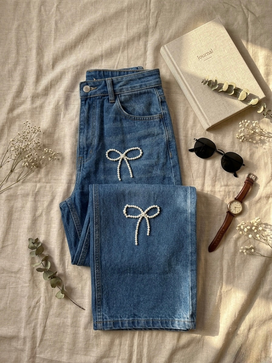 Bow-Embellished Wide-Leg Jeans in Classic Blue