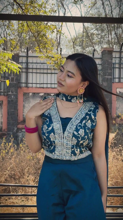 Elegant Peacock Blue Embroidered Palazzo Suit Set with Dupatta