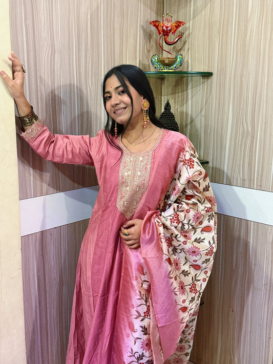 Blush Rose Silk Kurta Set with Embroidered Neckline & Floral Dupatta