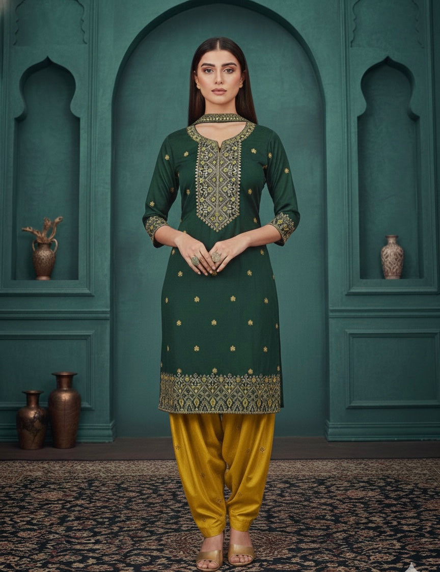 Emerald Noor Embroidered Kurta Set with Mustard Patiala & Dupatta