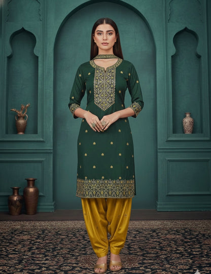 Emerald Noor Embroidered Kurta Set with Mustard Patiala & Dupatta