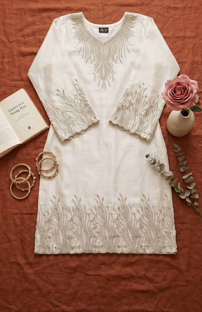 Ivory Embroidered Kurta Set with Dupatta & Straight Pants