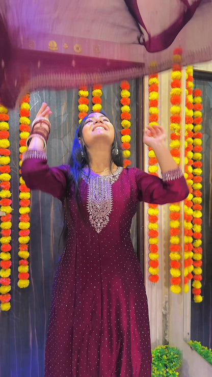 Embellished Maroon Anarkali Suit Set with Dupatta