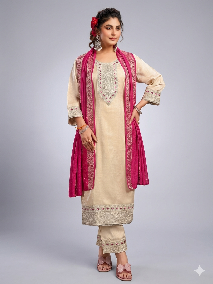 Elegant Embroidered Kurta Set with Dupatta for Women | Straight Fit Traditional Ethnic Wear