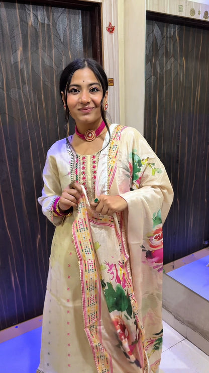 Elegant Cream Ethnic Suit with Multicolor Embroidery & Dupatta