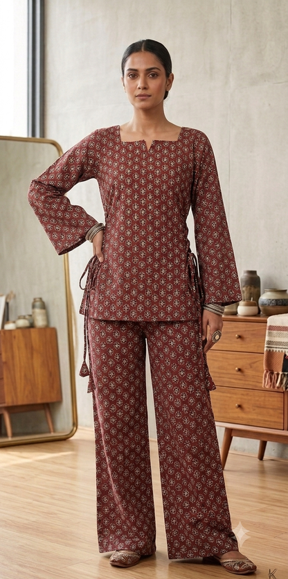 Women's Brown Printed Co-Ord Set | Full Sleeve Side Tie Top with Wide Leg Pants | Ethnic Casual Wear