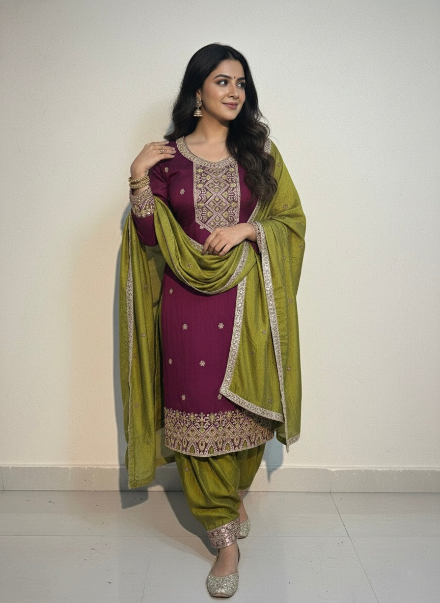 Plum & Olive Green Embroidered Salwar Kameez Set with Gota Patti Accents