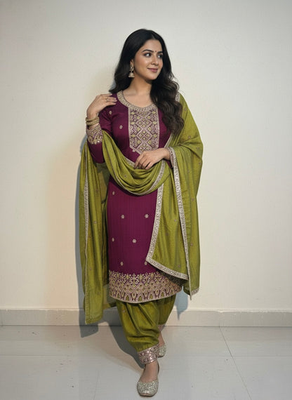 Plum & Olive Green Embroidered Salwar Kameez Set with Gota Patti Accents