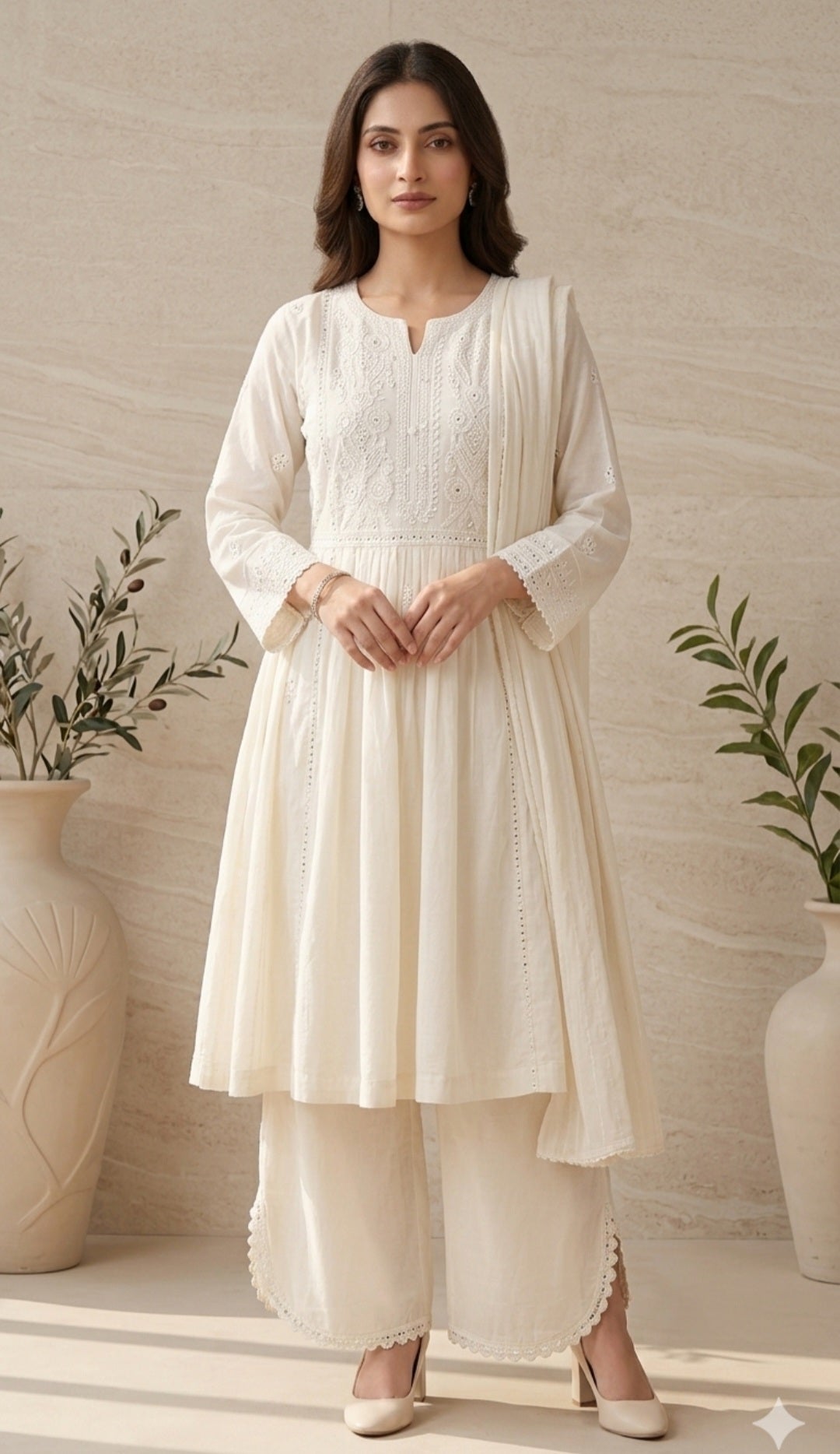 Ivory Embroidered Cotton Anarkali Suit Set with Palazzo & Dupatta