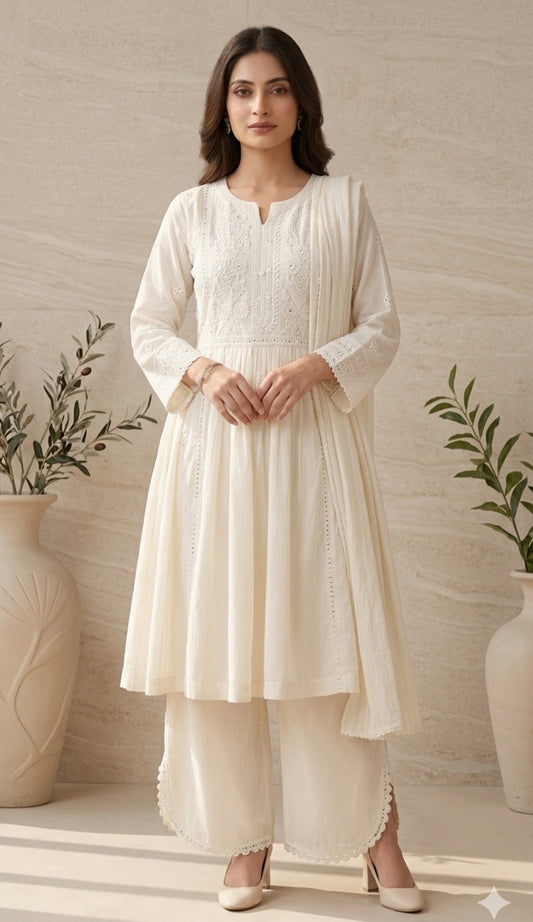 Ivory Embroidered Cotton Anarkali Suit Set with Palazzo & Dupatta