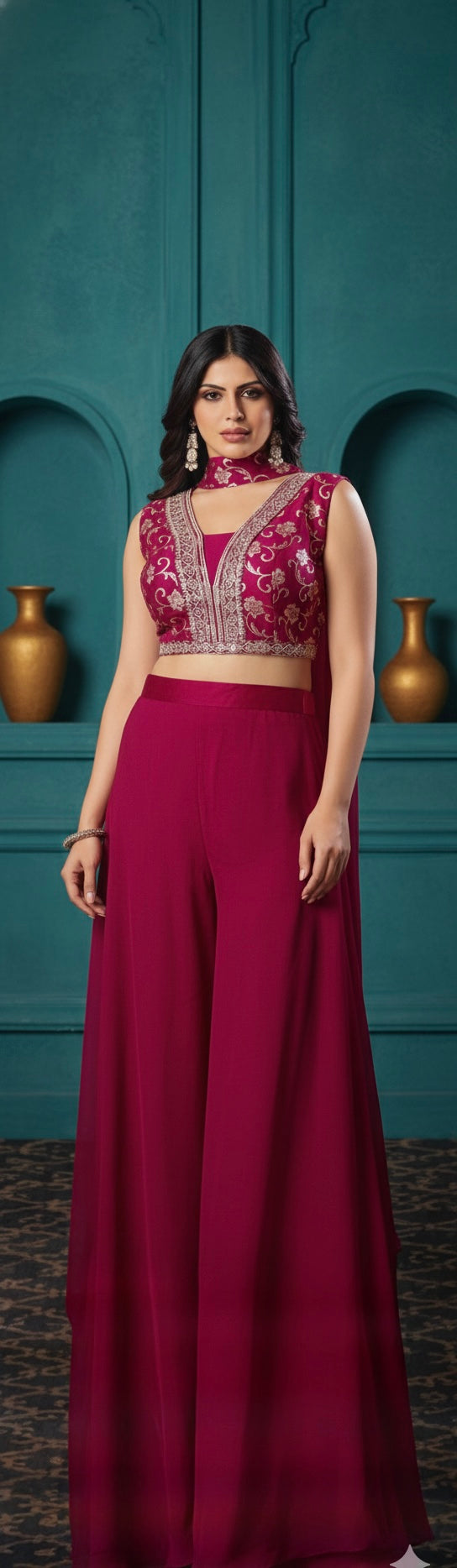 Royal Pink Embroidered Sharara Set with Sleeveless Blouse & Dupatta | Festive & Wedding Wear for Women