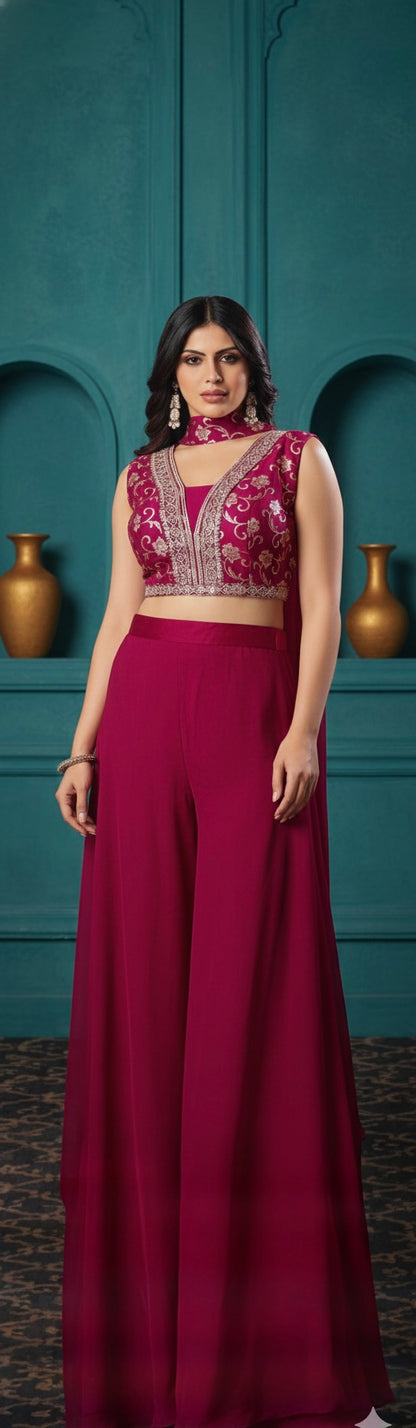 Royal Pink Embroidered Sharara Set with Sleeveless Blouse & Dupatta | Festive & Wedding Wear for Women
